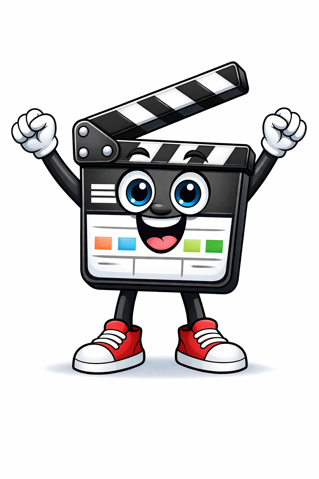 STRIVE3 Remote Studio mascot — a triumphant clapperboard character in sneakers